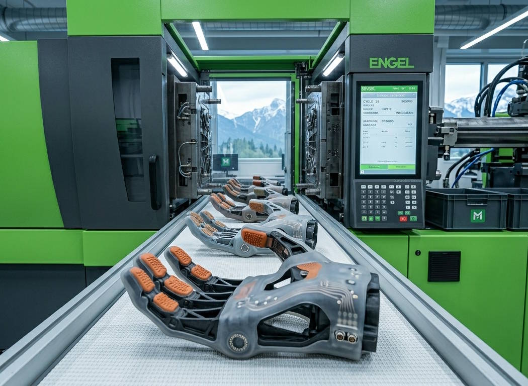 Robot hands on a plastic injection molding assembly line