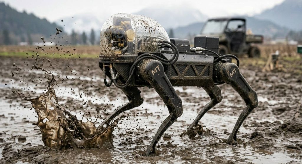 A dog robot gets dirty working in the mud.
