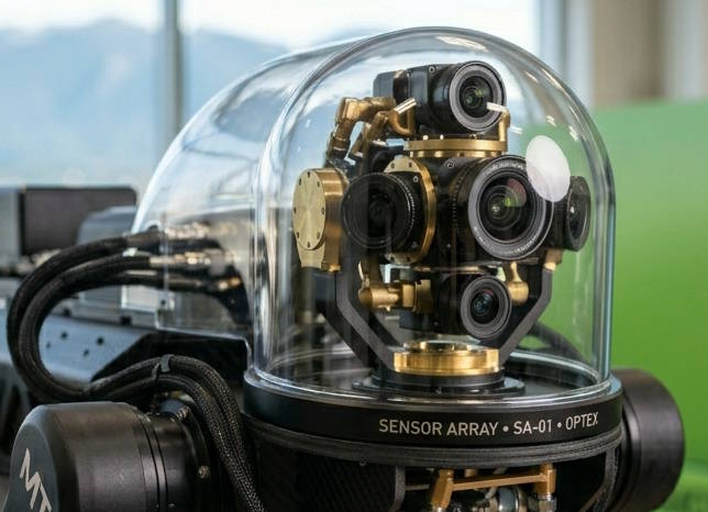 Close-up of a robot sensor assembly behind a crystal-clear acrylic dome.